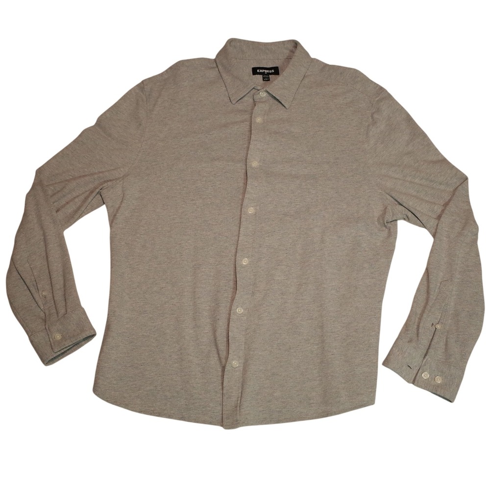 Express Mens Button Up Knit Shirt Size L Gray Long Sleeve Pique Business Casual